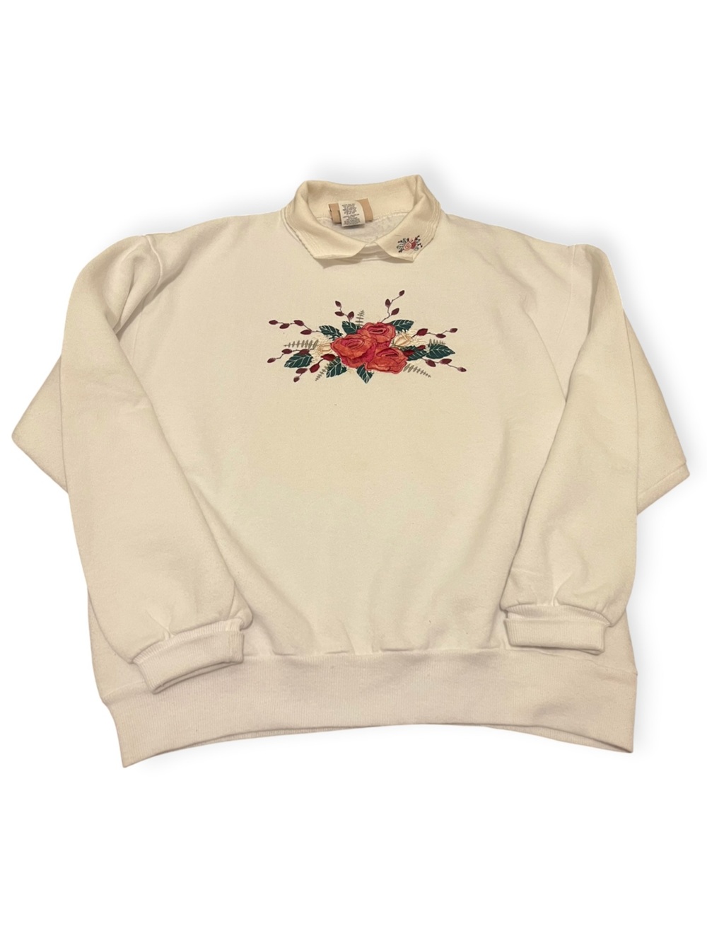 Vintage 90s Morning Sun Top Stitch Floral Embroidered Sweatshirt Medium Cream